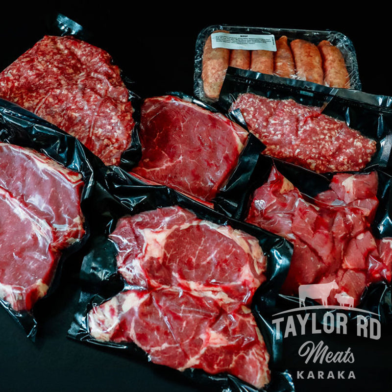 Taylor Road Meats $100 Beef Meat Box featuring 2 Beef Sirloin Fillets (250g each), 1 Beef Rump Steak (700g), 1 pack of Diced Beef (500g), 4 Beef Patties (600g), 2 packs of Prime Beef Mince (500g each), and 12 Beef Sausages