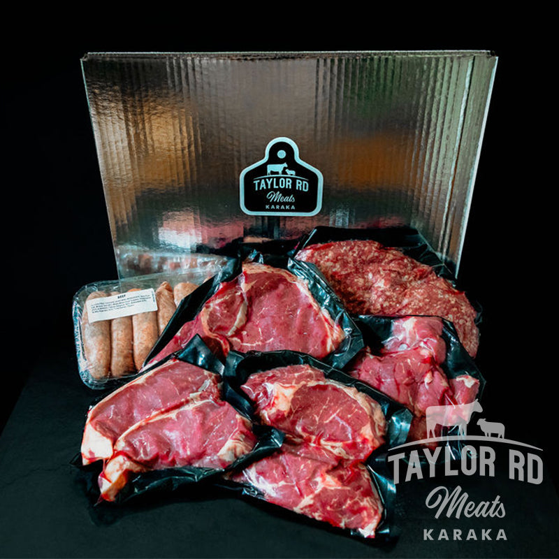 Taylor Road Meats $100 Beef Meat Box featuring 2 Beef Sirloin Fillets (250g each), 1 Beef Rump Steak (700g), 1 pack of Diced Beef (500g), 4 Beef Patties (600g), 2 packs of Prime Beef Mince (500g each), and 12 Beef Sausages