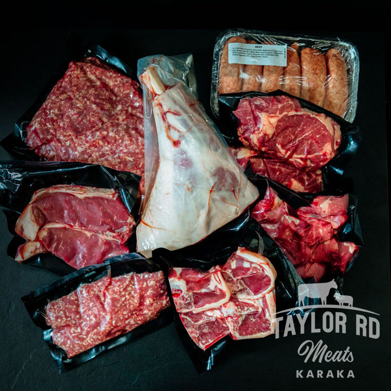 The Mega Combo Meat Box includes 4 Beef Scotch Fillets (250g each), 4 Beef Sirloin Fillets (250g each), 2 Beef Rump Steaks (700g each), 1 Beef Rolled Roast (1.5kg), 1 pack of Stir Fry (500g), 1 pack of Diced Beef (500g), 12 Beef Sausages, 4 packs of Prime Beef Mince (500g each), 1 Lamb Rolled Roast (1kg), 1 Whole Lamb Roast Leg, 4 Lamb Loin Chops, 4 Lamb Shoulder Chops, 12 Lamb Sausages, and 2 packs of Lamb Mince. 
