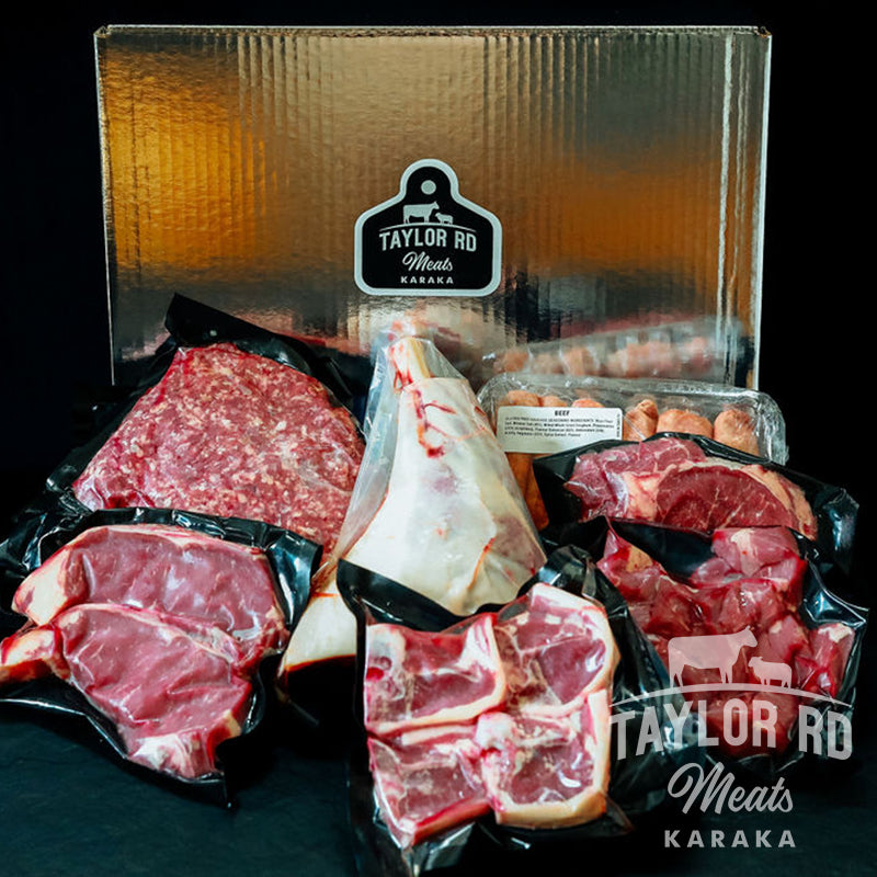 The Mega Combo Meat Box includes 4 Beef Scotch Fillets (250g each), 4 Beef Sirloin Fillets (250g each), 2 Beef Rump Steaks (700g each), 1 Beef Rolled Roast (1.5kg), 1 pack of Stir Fry (500g), 1 pack of Diced Beef (500g), 12 Beef Sausages, 4 packs of Prime Beef Mince (500g each), 1 Lamb Rolled Roast (1kg), 1 Whole Lamb Roast Leg, 4 Lamb Loin Chops, 4 Lamb Shoulder Chops, 12 Lamb Sausages, and 2 packs of Lamb Mince.