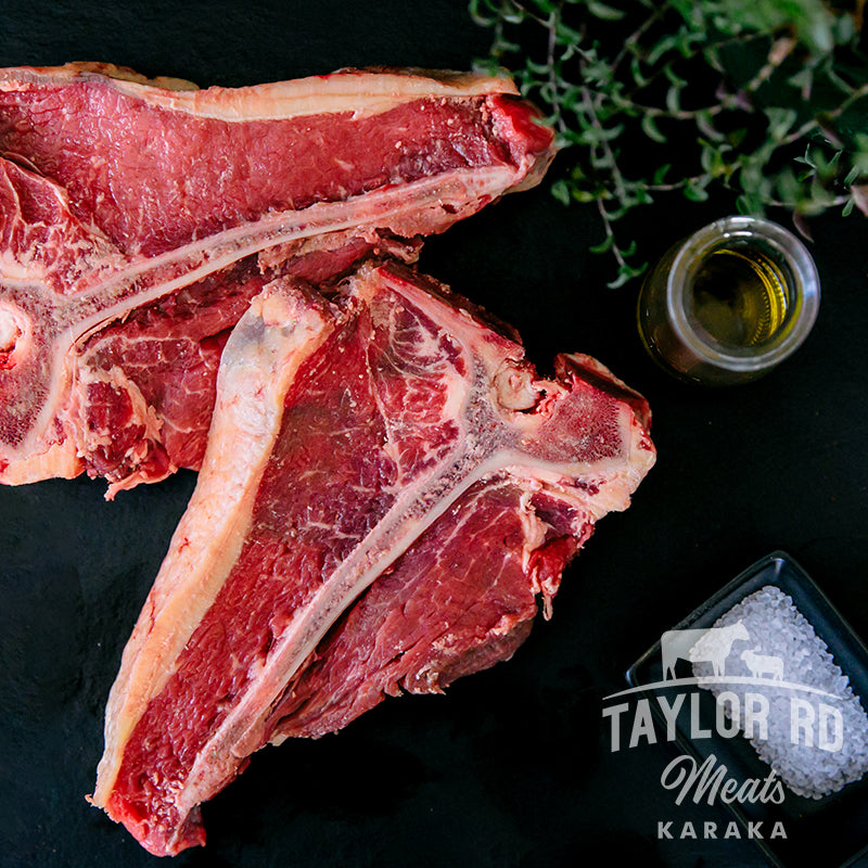 Indulge in Taylor Road Meats' premium Beef T-Bone Steak, featuring tender fillet on one side and flavourful sirloin on the other, perfect for grilling or pan-searing to perfection
