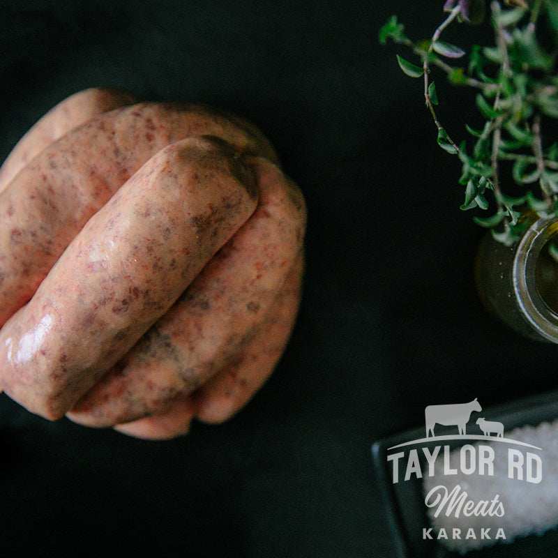 Indulge in Taylor Road Meats&#39; flavourful Garlic &amp; Herb Lamb Sausages, expertly crafted with premium ingredients for a delicious twist on a classic favourite, perfect for grilling, frying, or adding to your favourite recipes