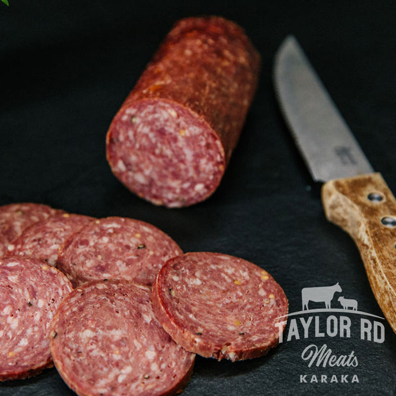 Enjoy Taylor Road Meats&#39; delectable Beef Salami, crafted with care and bursting with flavour, perfect for sandwiches, charcuterie boards, or as a snack.