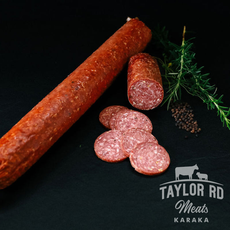 Enjoy Taylor Road Meats&#39; delectable Beef Salami, crafted with care and bursting with flavour, perfect for sandwiches, charcuterie boards, or as a snack.