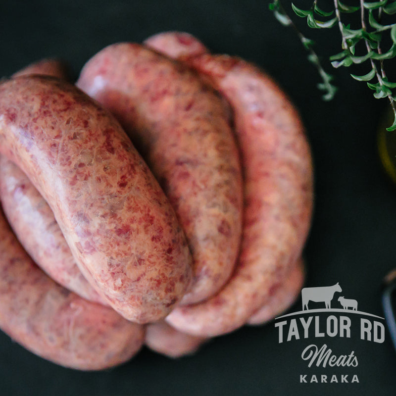 Indulge in Taylor Road Meats&#39; delicious Beef Sausages, made with premium ingredients and bursting with flavour, perfect for grilling, frying, or adding to your favourite recipes.